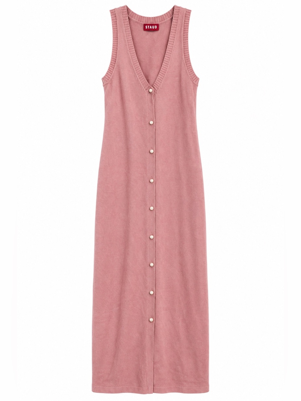 STAUD Dusty Rose Pink Sleeveless Knit Button Front Maxi Dress